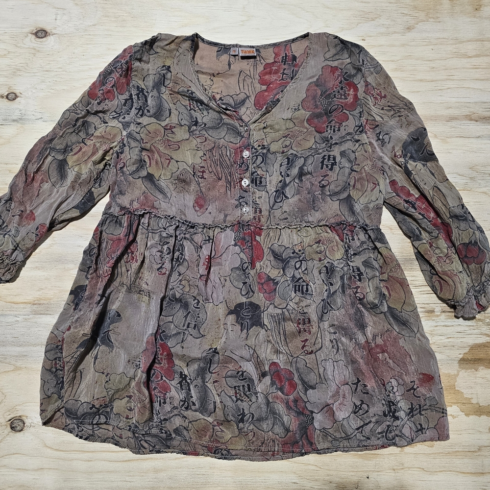 Vintage Tianello Peasant Blouse Women's Sz M Boho Japanese Geisha Print Grey Red